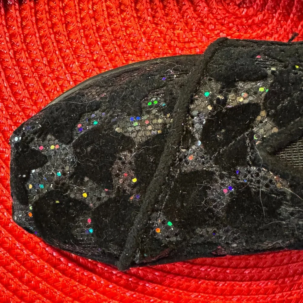 Toms Toddler Tiny Alpargata Black Flocked Cats Size 9 - Iridescent Glitter